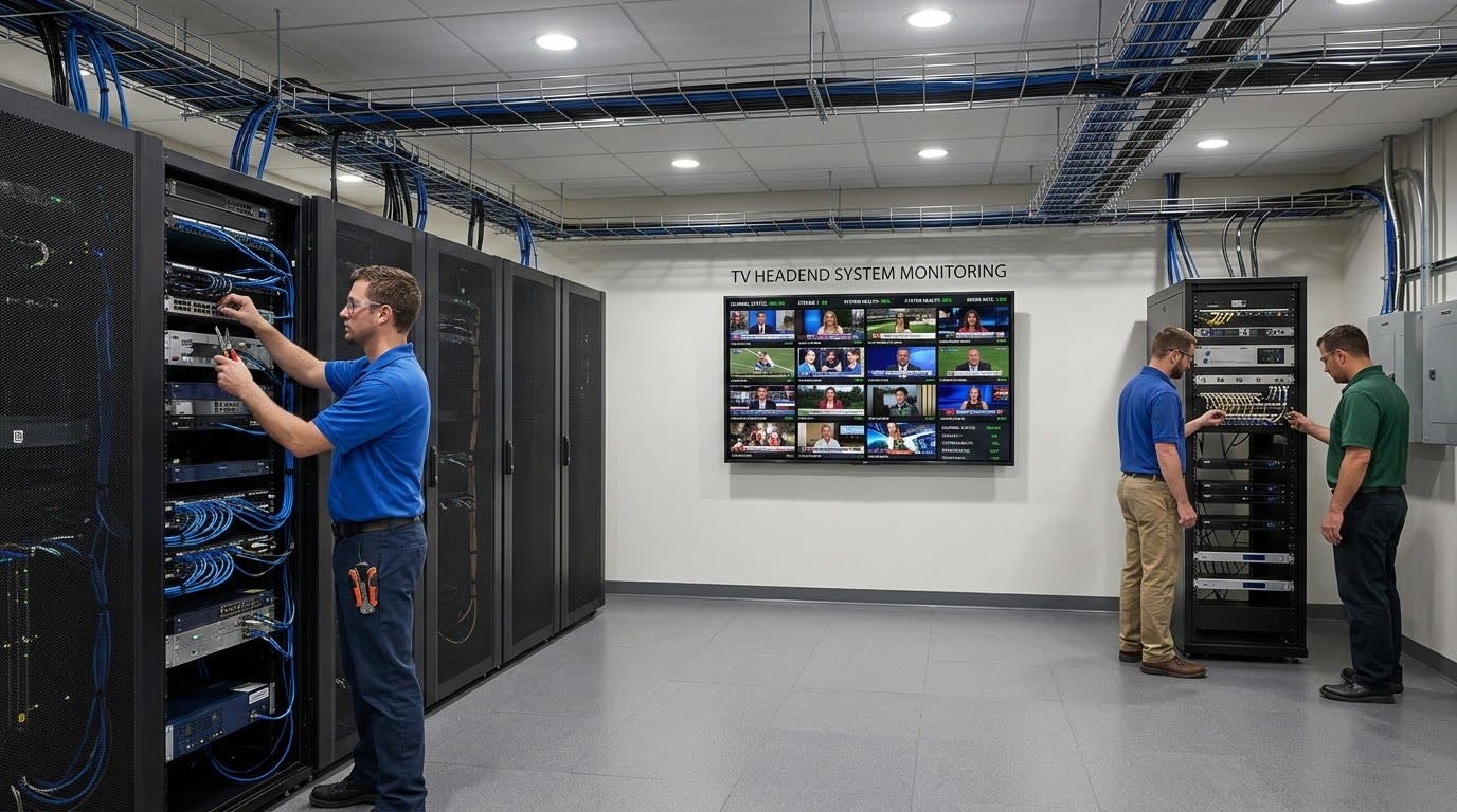 Engineers working on equipment racks in a TV headend, with a wall of channel monitors